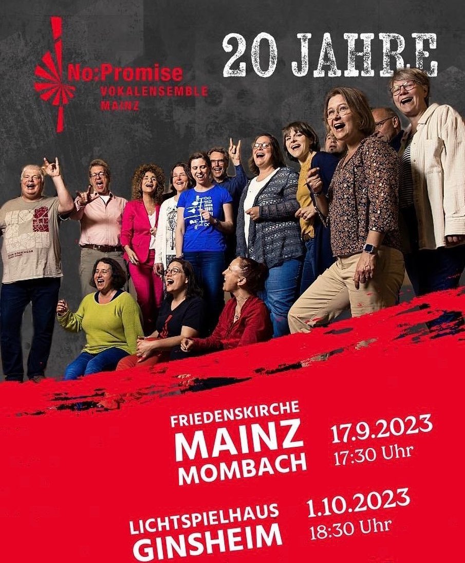 Nächste Station: Lichtspielhaus Ginsheim.
Eine Zeitreise durch 20 Jahre @nopromise_vocalensemble erwartet Euch.
Sichert Euch jetzt die Tickets!
Link in der bio
#acapella
#chorgesang
#freude
#jubiläum
#konzert
#20jahre
#spass
#gig