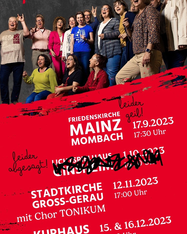 Leider müssen wir euch auf den 12. November 2023 vertrösten. Unser kommendes Konzert am 1. Oktober im Lichtspielhaus Ginsheim wurde leider abgesagt. Keine Sorge, alle, die bereits ein Ticket online gekauft haben, bekommen den Kaufpreis in voller Höhe zurück.
Dafür freuen wir uns umso mehr auf unser Doppelkonzert mit Tonikum am 12.11. in der Stadtkirche Groß-Gerau - und auf euch!
Sichert euch schnell noch Tickets: https://www.eventbrite.com/e/tonikum-und-nopromise-doppelkonzert-tickets-707757580977