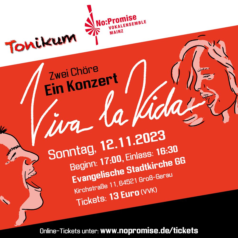 Bis Sonntag sind es noch vier Tage - vier kurze Tage, um noch Tickets für unser gemeinsames Konzert mit dem Chor Tonikum in Groß-Gerau zu kaufen und mit uns das Leben und die Musik zu feiern!
Wann und wo?
Datum: Sonntag, 12. November 2023
Ort: Evangelische Stadtkirche Groß-Gerau, Kirchstraße 11, 64521 Groß-Gerau
Beginn: 17:00 Uhr, Einlass: 16:30 Uhr
Tickets gibt's hier: https://www.nopromise.de/tickets
oder in der Buchhandlung Calliebe, Frankfurter Str. 33 in Groß-Gerau
und natürlich bei allen Sängerinnen und Sängern beider Chöre.
Ticketpreise:
Vorverkauf: 13 €
Abendkasse: 15 €
Kinder und Jugendliche bis einschließlich 15 Jahren haben freien Eintritt!
#konzert #chor #rock #pop #jubiläum #20jahre #vivalavida